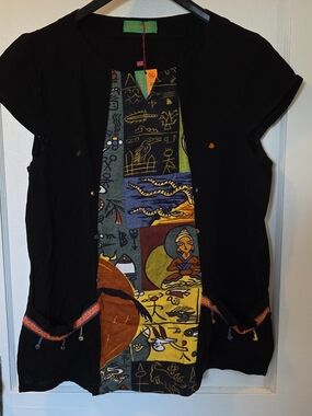 Bohemian Black Patchwork Front Tunic Top